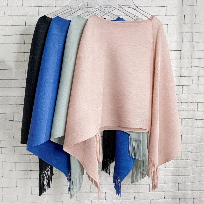 New Pleated Tassel Shawl Female Solid Color Loose All-match Sunscreen Folds Cloak