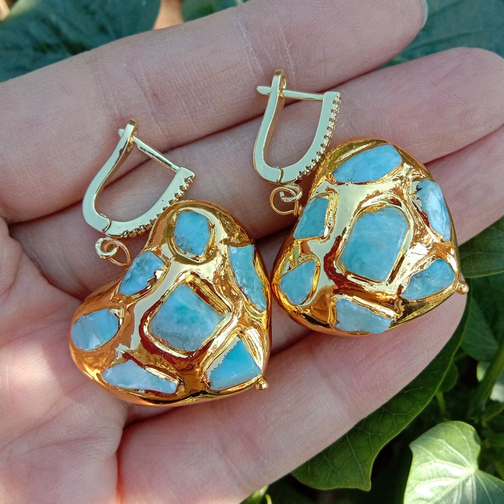 Natural Blue Larimar Stone With Heart Shaped Yellow Gold  Plated  Earrings