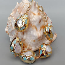 Load image into Gallery viewer, Blue Larimar Teardrop  Freshwater Pearl  Gold  Plated  Wrap Bracelet  9&quot;