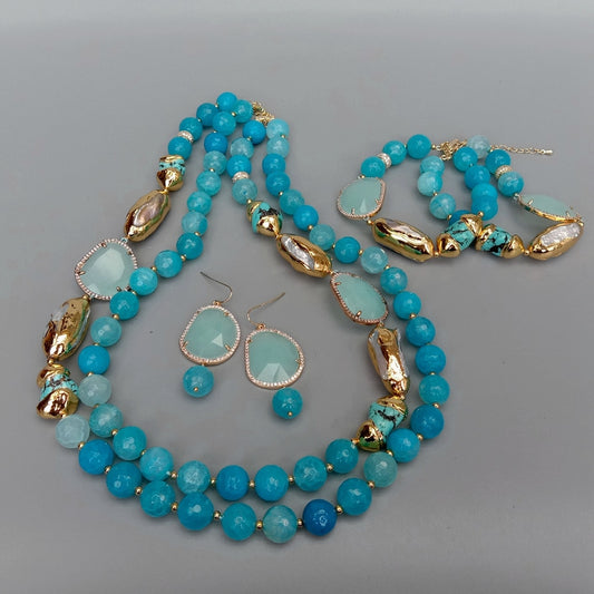 2 Reihen blau facettiert Achat Türkis Zuchtperlen weiße Biwa Perle Kristall Halskette Armband Ohrringe Set