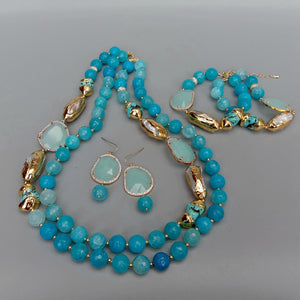 2 Rows Blue Faceted Agate Turquoise Cultured White Biwa Pearl Crystal Necklace Bracelet Earrings Set