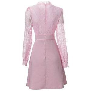Heidi Spring Stand Neck Ruffle Lace Long Sleeve Mini Pink Dress