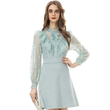 Load image into Gallery viewer, Heidi Spring Stand Neck Ruffle Lace Long Sleeve Mini Pink Dress