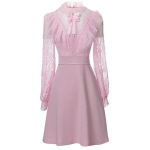 Heidi Spring Stand Neck Ruffle Lace Long Sleeve Mini Pink Dress