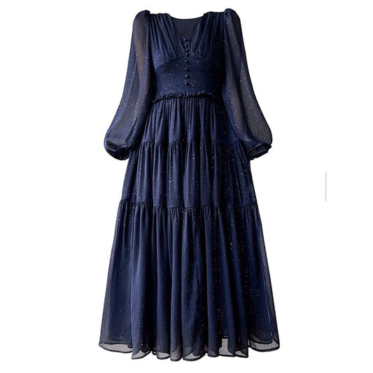 Skyea V Neck Long-Sleeved High Waist Big Swing Designer Dress