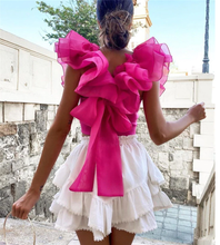 Load image into Gallery viewer, Short Blouse  Knit With Transparent Organza Ruffle Pleats