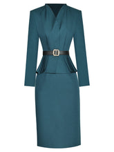 Load image into Gallery viewer, Oakleigh V-Neck Long Sleeve Belt Tops + Pencil Skirt Solid Office Lady Two Piece Set