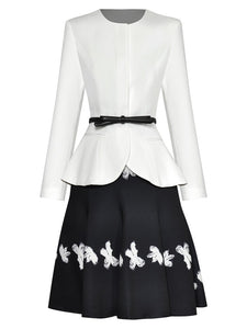 Astrid O-Neck Long Sleeve Belt White Tops + Print Skirt Office Lady Two Piece Set