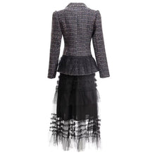 Load image into Gallery viewer, Sierra Office Skirts Set Women Notched Lace Grey Blazer Coat and Balck Mesh Skirts 2 Pieces Suit