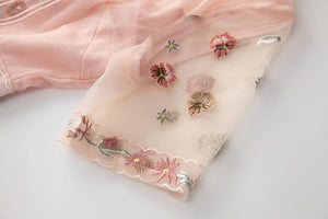 Emerson Mesh Dress Stand Collar Short Sleeve Flower Embroidery Vintage Long Dress