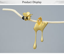 Load image into Gallery viewer, Gold Bee and Dripping Honey Asymmetric Stud 925 Sterling Silver Handmade Fine Jewelry Earrings