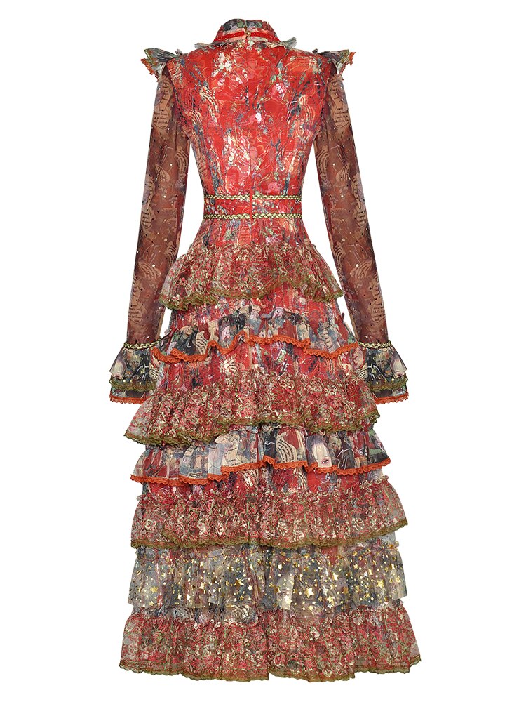Elvera Stand Collar Flare Sleeve Sequins Ruffles Flower Print Vintage Party Dress