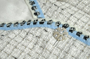 Isabella V-Neck Long Sleeve Belt Plaid Tweed  Patchwork Beading Button Pleated Dress