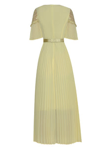 Harper Embroidery Belted Chiffon Solid color Pleated Midi Dress