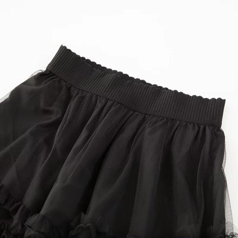 Marcia Noire Long sleeve Sashes Blazer + Mesh Long Skirts 2 Pieces Set
