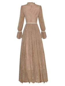 Nina Lace  Stand Collar Flare Sleeve Print  Elegant Party Vintage Dress