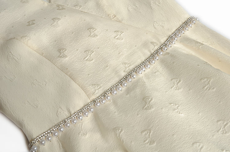 Orla V-Ausschnitt Puffärmel Perlenbesetztes Jacquard Elegantes Partykleid