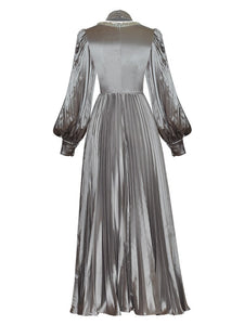 Imelda Crystal Diamonds O-Neck Lantern Sleeve Solid Vintage Party Pleated Dress