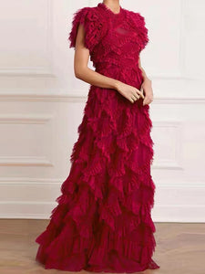 Harmony Ruffle Lace Stitching Printing Irregular O-neck Sleeveless Midi Dress