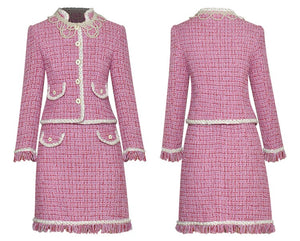 Roma Plaid Tweed Beading Stand Collar Single Breasted Jacket + Mini Skirt Two Piece Set