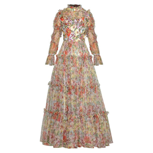Kara Damen Langes Netzkleid Stehkragen Flare Ärmel Blumenstickerei Print Vintage Kleid