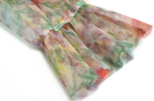 Kara Women Long Mesh Dress Stand Collar Flare Sleeve Flower Embroidery Print Vintage Dress