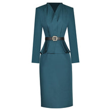 Load image into Gallery viewer, Oakleigh V-Neck Long Sleeve Belt Tops + Pencil Skirt Solid Office Lady Two Piece Set