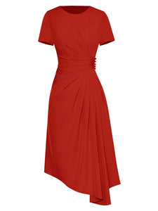Trinity O neck Short sleeves Draped Slim Asymmetrical Red Casual Dress