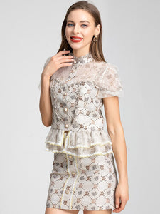 Ivory Lace Single-breasted Print Ruffles Shirts and Skirts 2 Pieces Suit