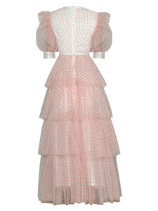 Malaya Mesh Polka dot Cascading Ruffle Elegant Pink Cake Dress