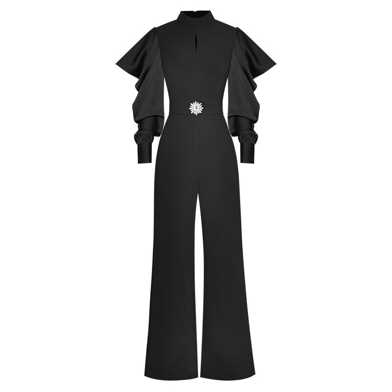 Cami Stand Collar Puff Sleeve Black Vintage Party Wide Leg Pant