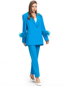 Londyn Feathers Long Sleeves Double Breasted Coat + Elastic Waist Pants Two Piece Set