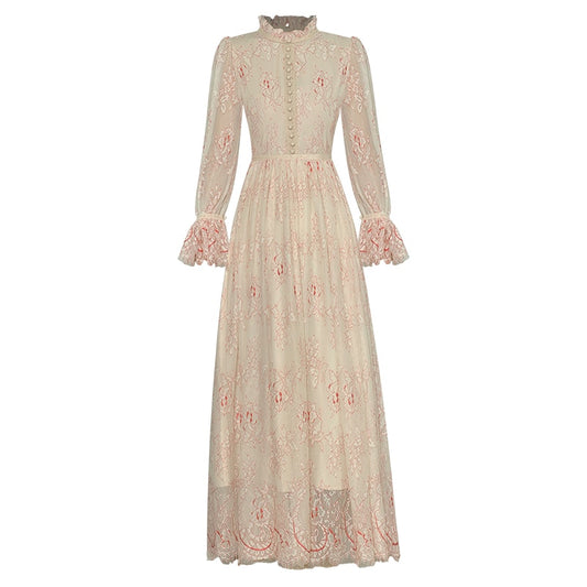 Nina Spitzen-Stehkragen, ausgestellte Ärmel, Print, elegantes Party-Vintage-Kleid