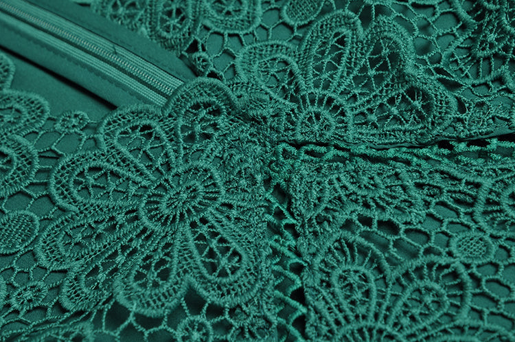 فستان بروك للحفلات باللون الأخضر ذو فتحة عنق على شكل حرف V ومزين بنقشة زهور من الكروشيه وخصر عالٍ