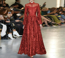 Load image into Gallery viewer, Edda Flare sleeve Embroidery mesh Red Maxi Party Dress