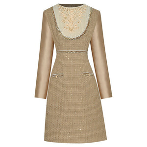 Venezia   O-Neck Long Sleeve Beading Embroidery Plaid Tweed Dress