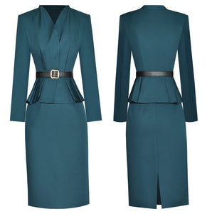 Oakleigh V-Neck Long Sleeve Belt Tops + Pencil Skirt Solid Office Lady Two Piece Set