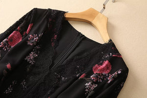 Sienna Chiffon V-Neck Lace Patchwork Flowers Print Vintage Dress