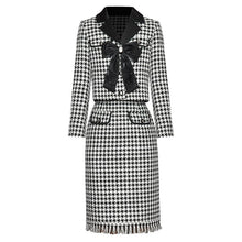 Load image into Gallery viewer, Lois Plaid Tweed Suit Women Crystal Bow Long Sleeve Jacket +Tassel Skirt Two Piece Set