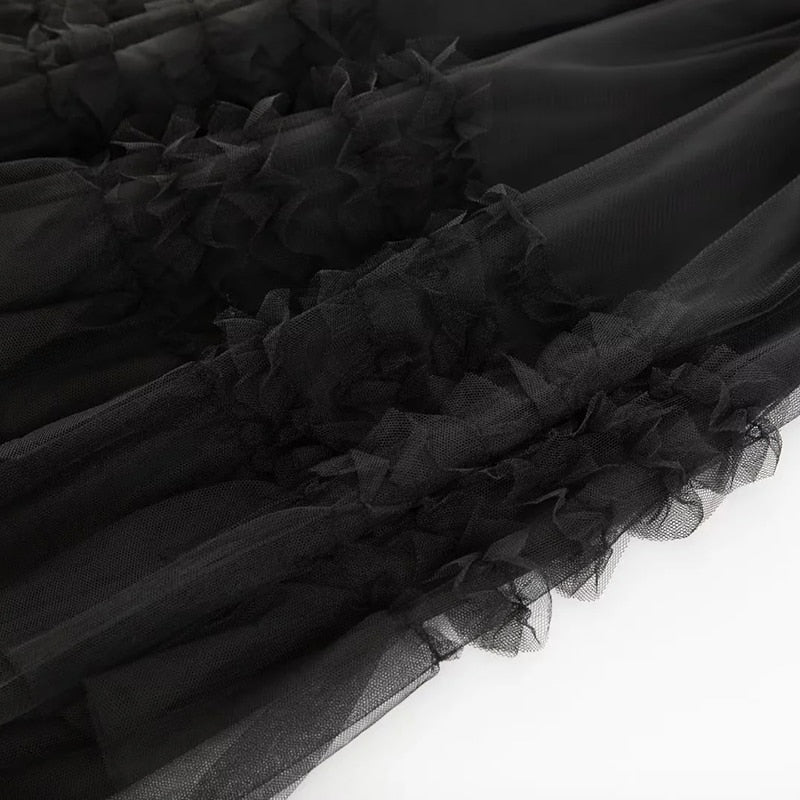 Marcia Noire Long sleeve Sashes Blazer + Mesh Long Skirts 2 Pieces Set