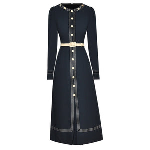 Oma Long sleeve Single-breasted Stripe Belted Slim Solid Dress