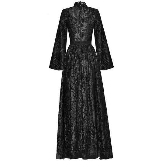 Rosemary Stehkragen Hohe Taille Langarm Schwarzes Mesh-Stickerei-Vintage-Kleid