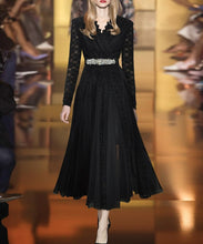 Load image into Gallery viewer, Abigail Lace V-Neck Long Sleeve Crystal Belt Mesh Patchwork Black Vintage Dress