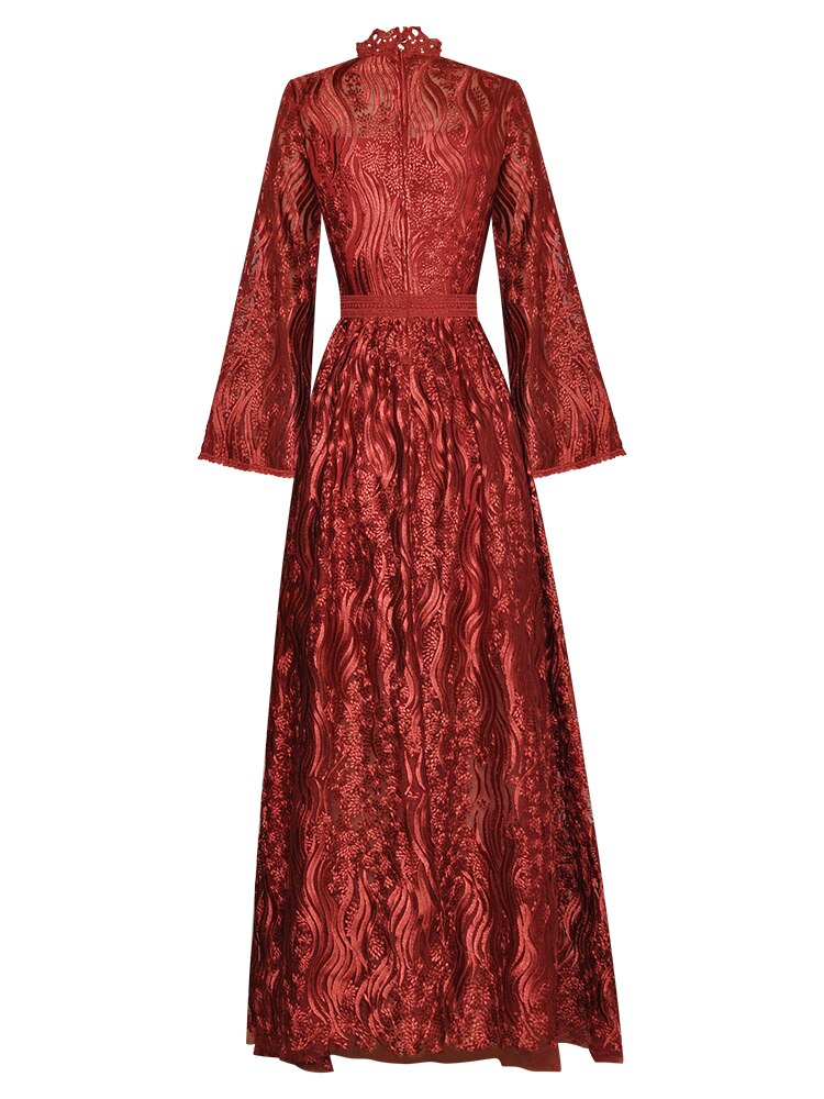 Edda Flare sleeve Embroidery mesh Red Maxi Party Dress