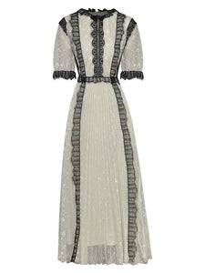 Wanda Black Lace Patchwork Short Sleeve Vintage Elegant Party Pleated Dress