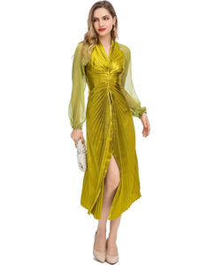 Elizabeth V-Neck Patchwork Lantern Sleeve Elegant Party Split Pleated Dress