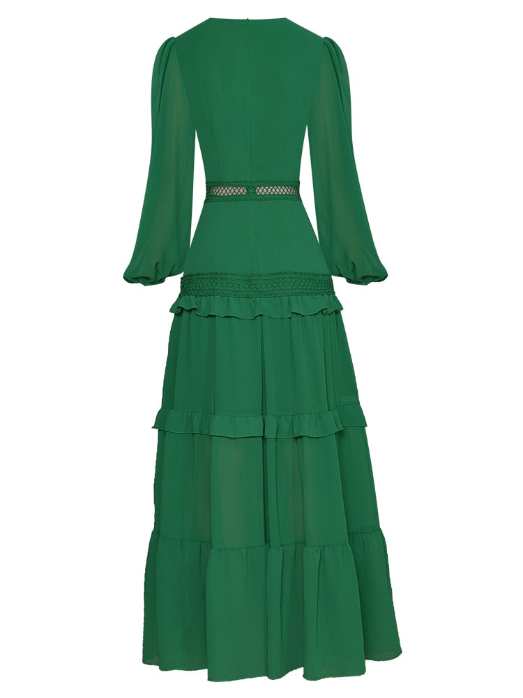 Paola V-Collar Lantern sleeve Hollow Ruffles Casual Green Maxi Dress