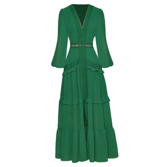 فستان طويل أخضر كاجوال من باولا بياقة على شكل حرف V وأكمام واسعة وكشكشة مجوفة