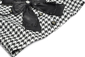 Lois Plaid Tweed Suit Women Crystal Bow Long Sleeve Jacket +Tassel Skirt Two Piece Set