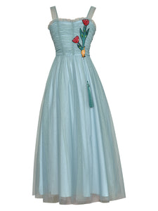 Cheryl  Spaghetti Strap Flower Embroidery Beading Mesh Blue Holiday Elegant Dress